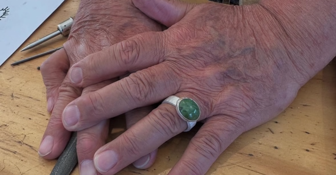 Full Day Jewellery course learning how to cut a piece of Green stone stone and set it in silver. 